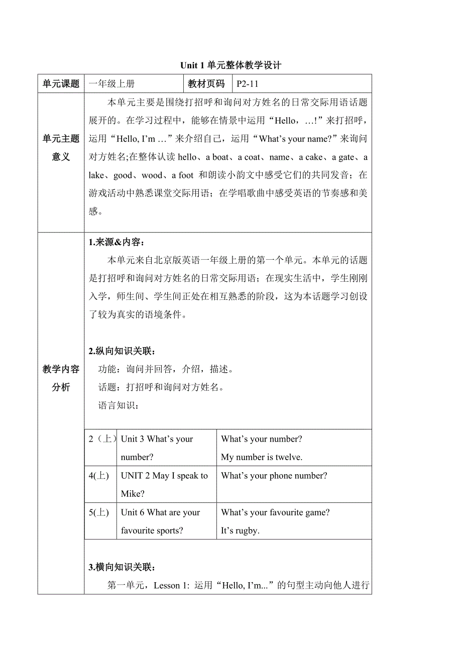 北京版一上 Unit 1 Hello! I'm Maomao Lesson 3单元整体教学设计_第1页