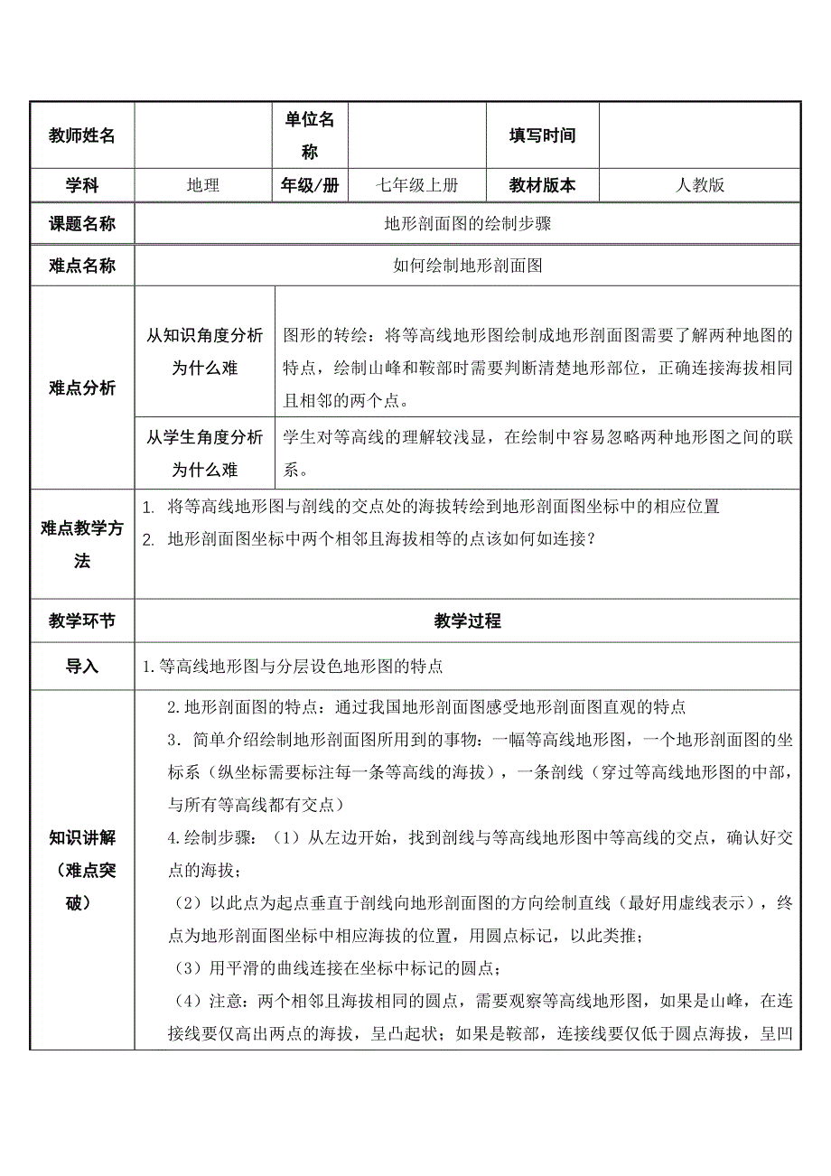 2023-2024人教部编版初中地理七年级上册地理第一章教案地形剖面图的绘制步骤_第1页