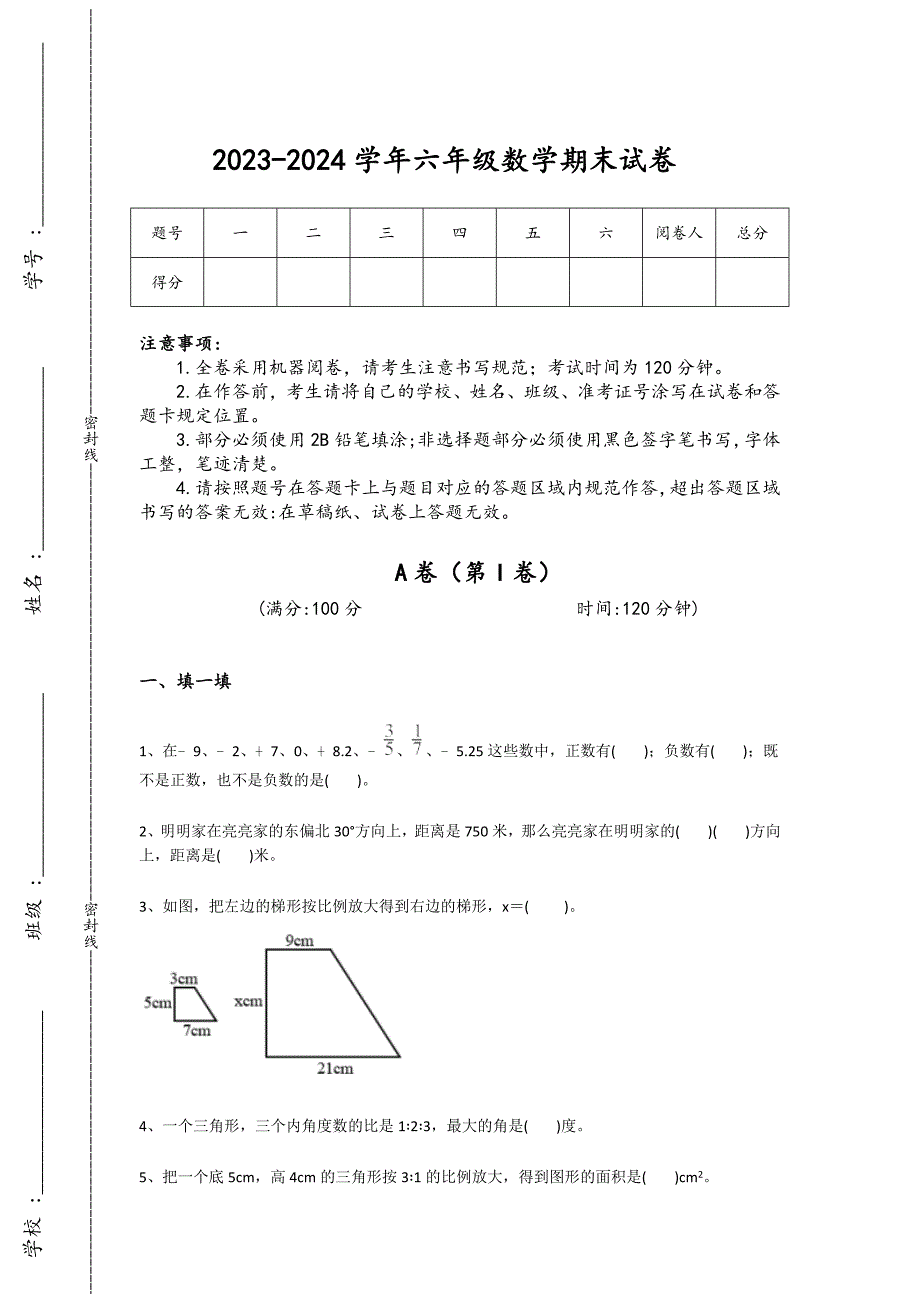 2023-2024学年山东省新泰市小学数学六年级期末高分通关试卷详细答案和解析_第1页