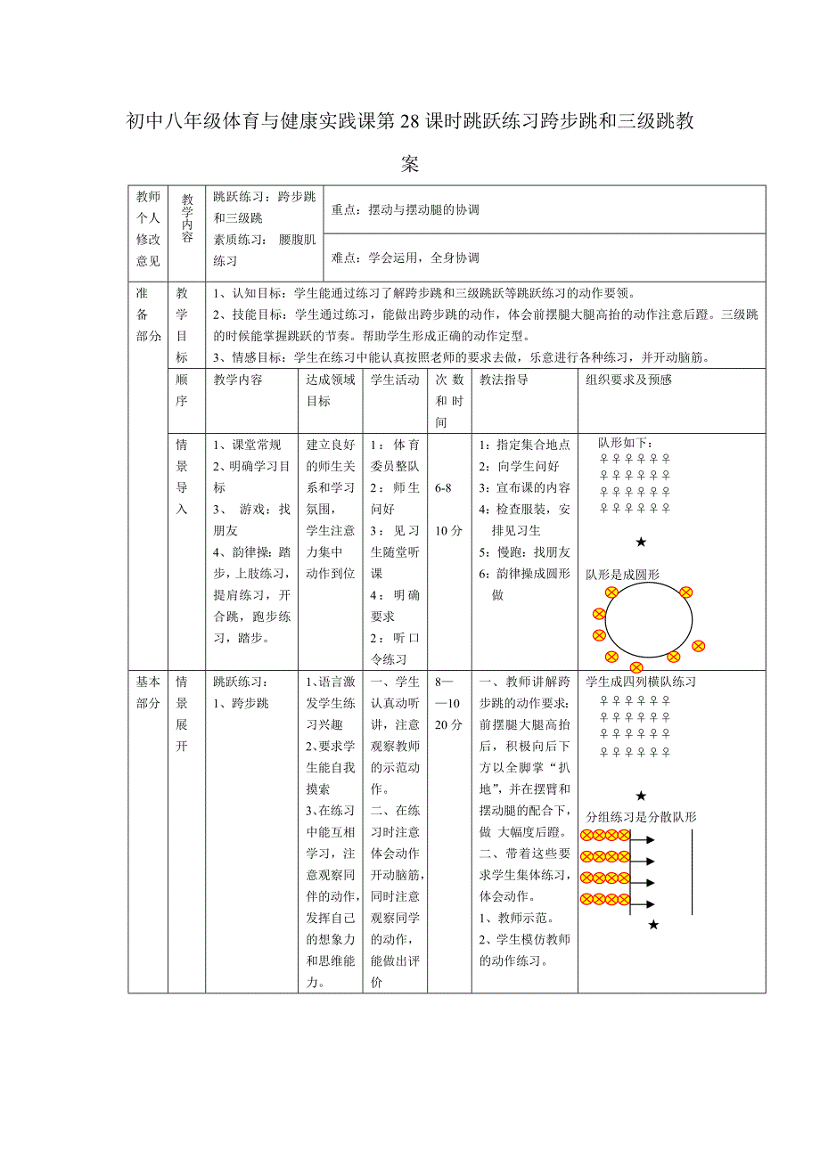 初中八年级体育与健康实践课第28课时跳跃练习跨步跳和三级跳教案_第1页