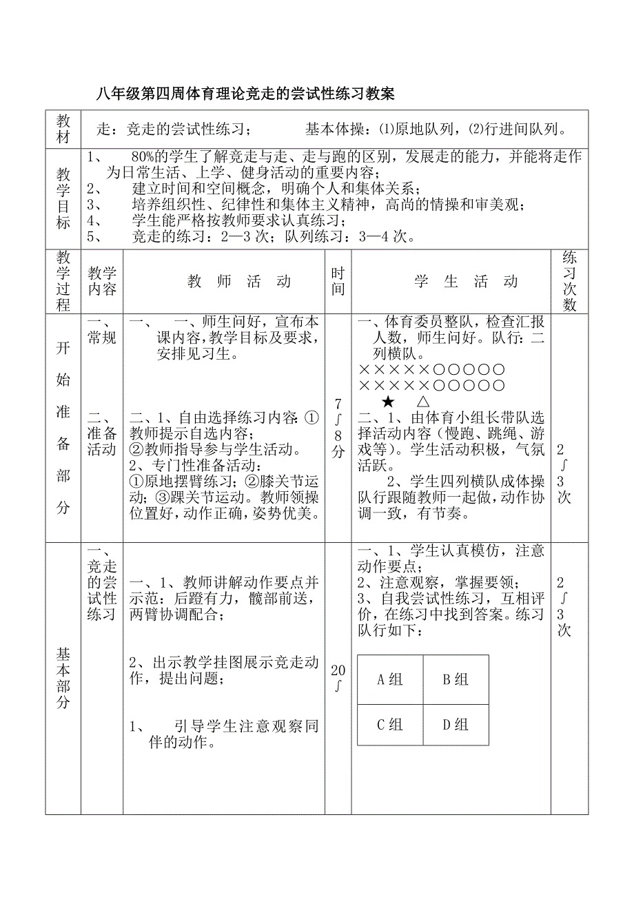 八年级第四周体育理论竞走的尝试性练习教案_第1页