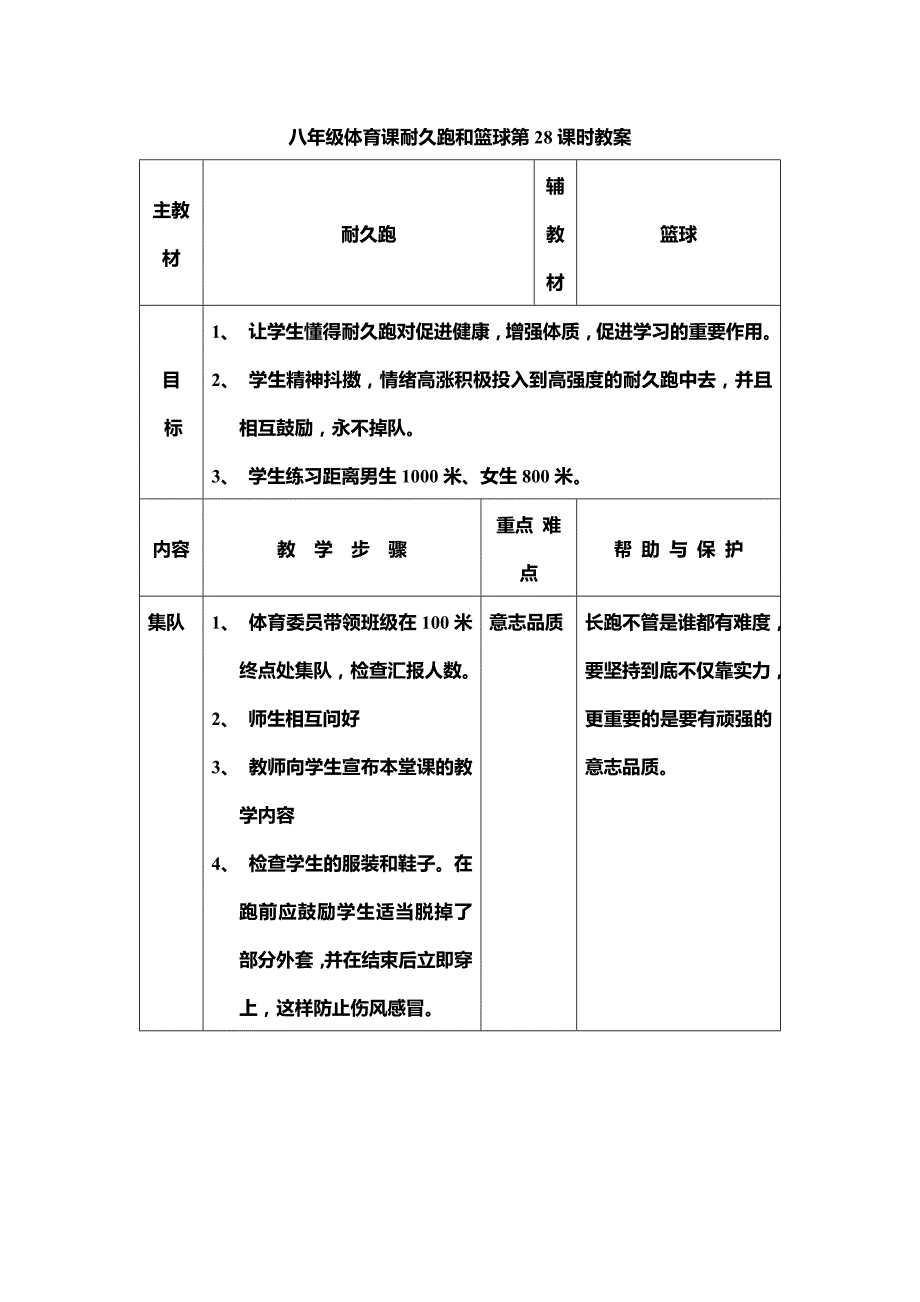 八年级体育课耐久跑和篮球第28课时教案_第1页