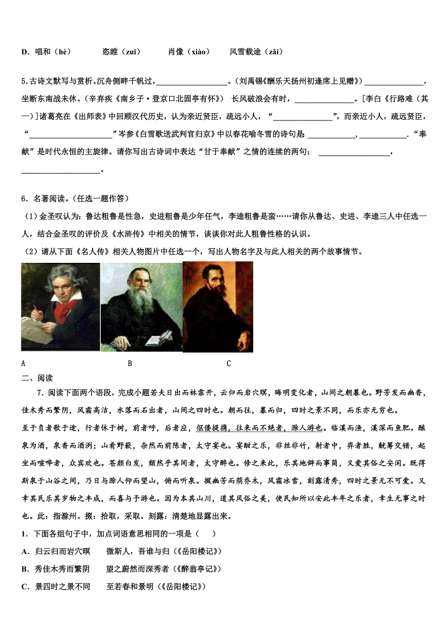 2022-2023学年安徽省池州市重点中学中考四模语文试题含解析_第2页