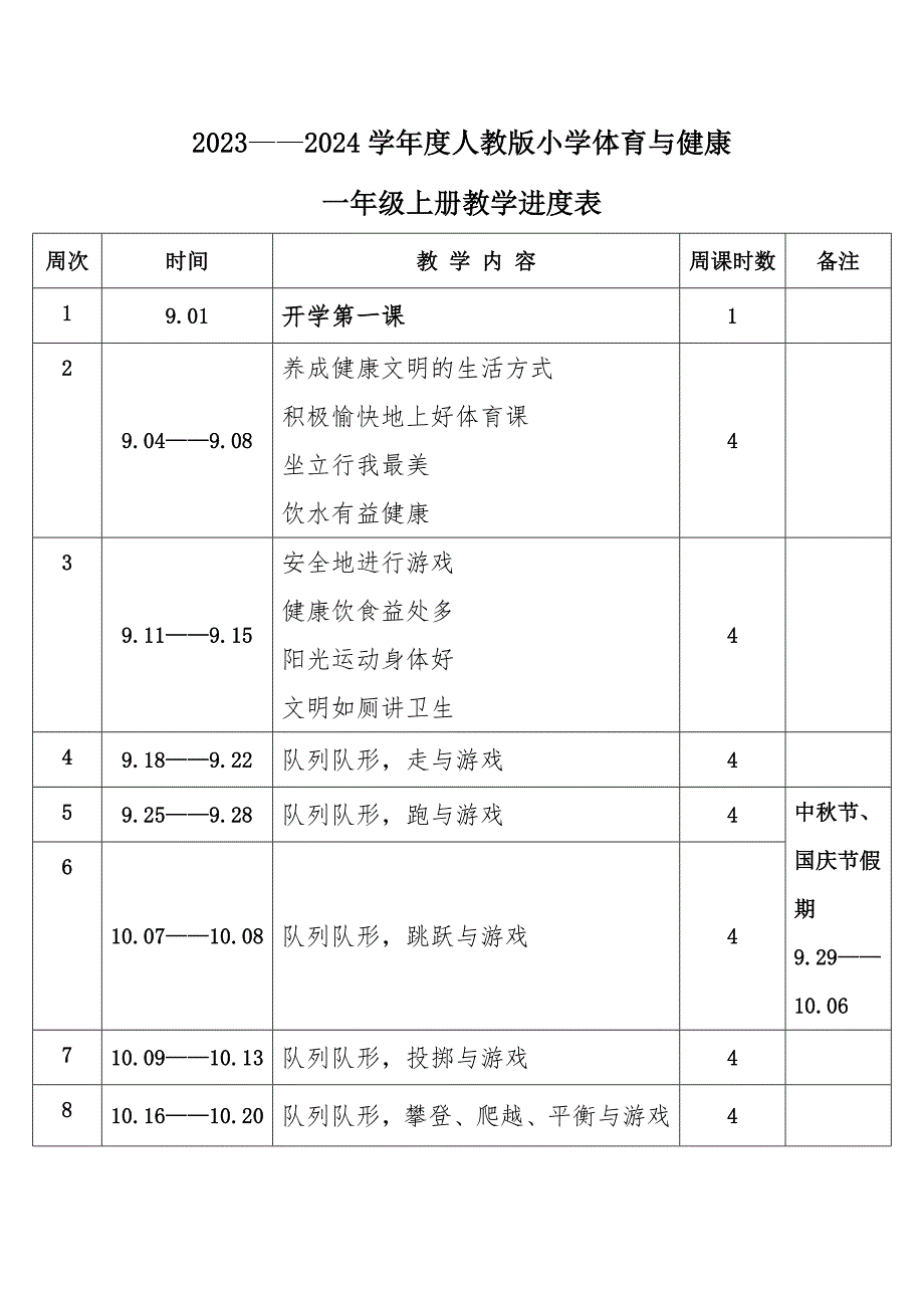 2023年秋学期人教版小学体育与健康一年级上册教学进度表_第1页