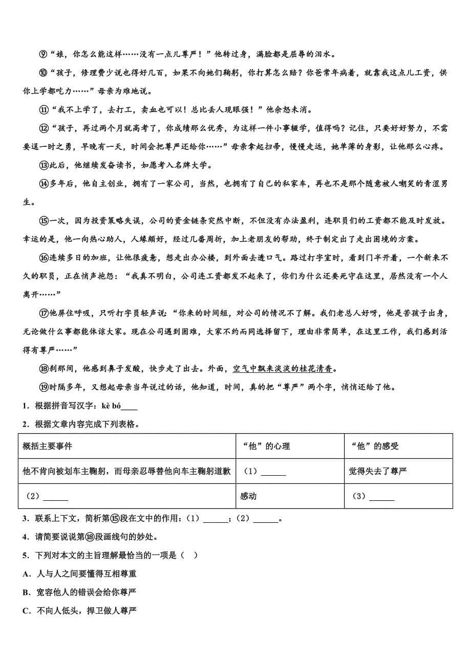 2022-2023学年贵州省贵安新区民族中学中考语文考试模拟冲刺卷含解析_第5页