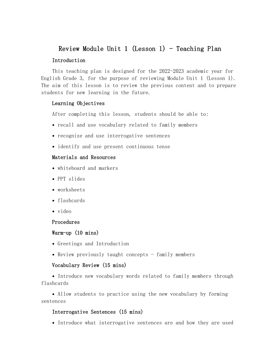 Review Module Unit 1 (Lesson 1)（教学设计）-2022-2023学年英语三年级下册_第1页