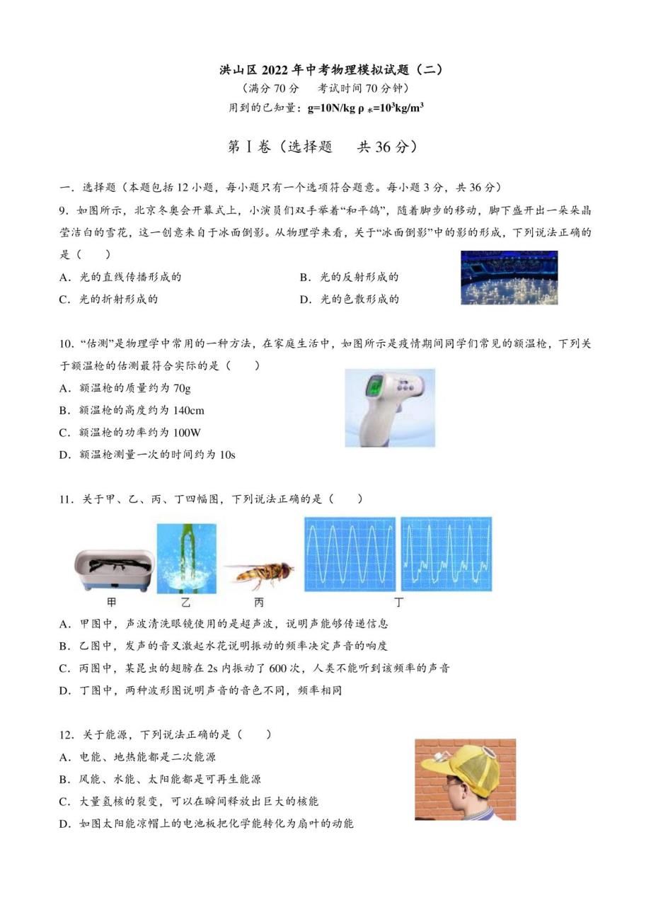 湖北省武汉市洪山区2022年中考物理模拟试题_第1页