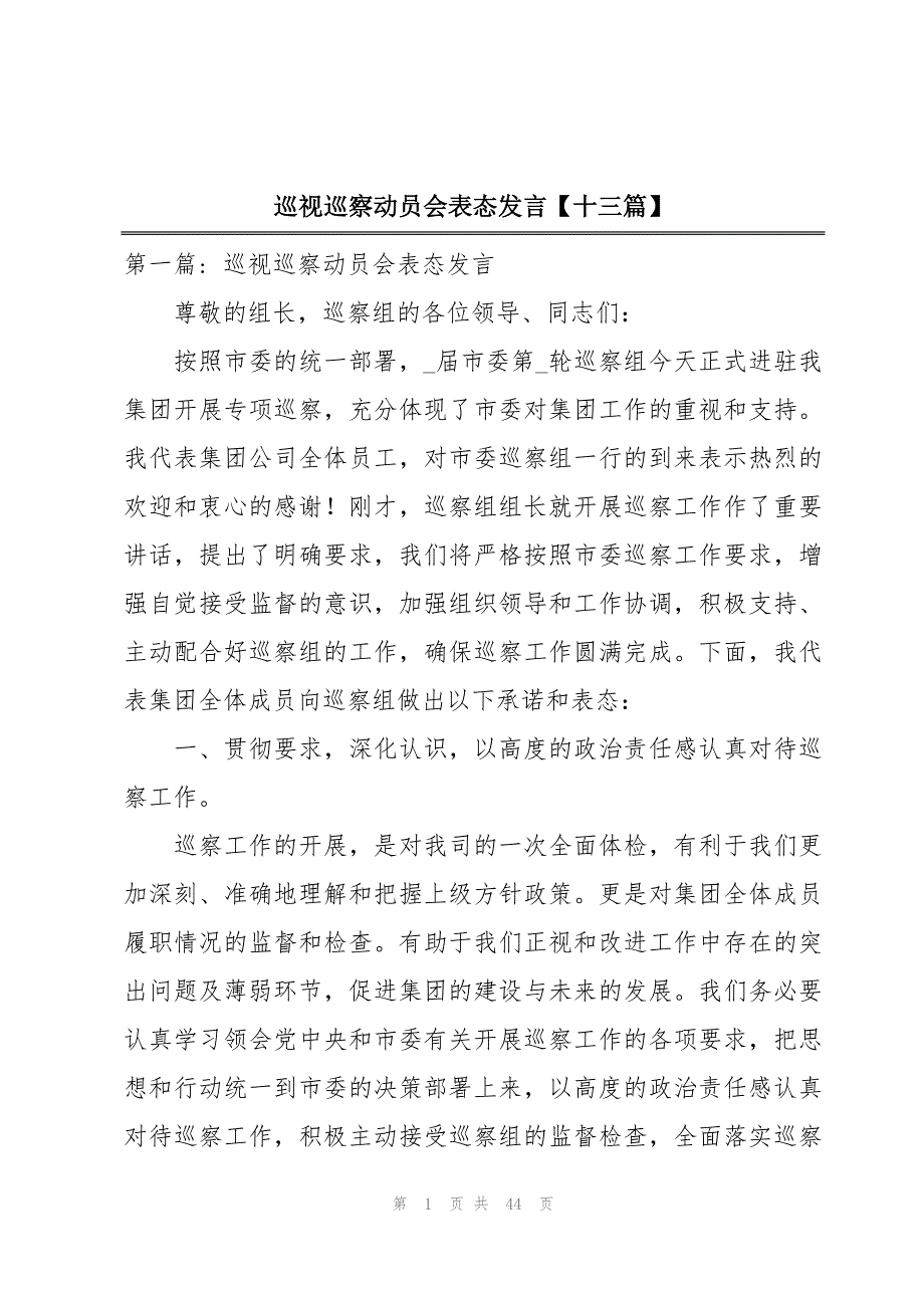 巡视巡察动员会表态发言【十三篇】_第1页