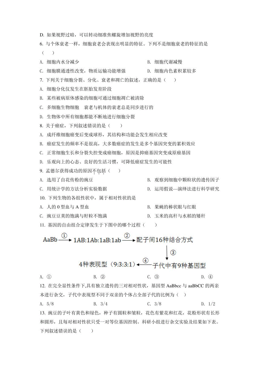 2021-2022学年四川省南充市一中高一年级下册学期期末模拟生物试卷（含详解）_第2页