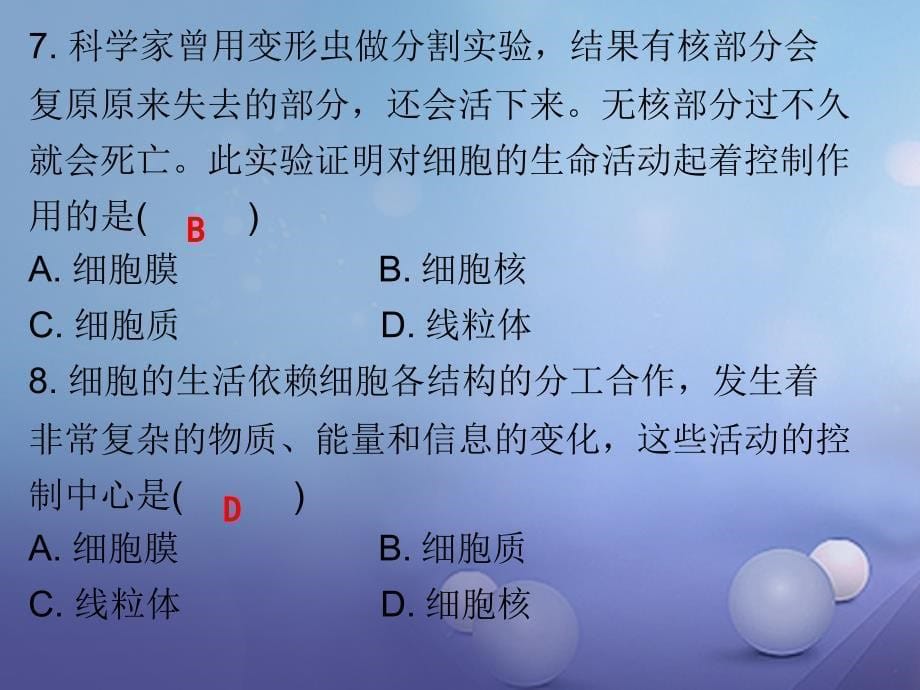 2023秋七年级生物上册 第二单元 第一章 第四节 细胞的生活课堂十分钟优质课件 （新版）新人教版_第5页