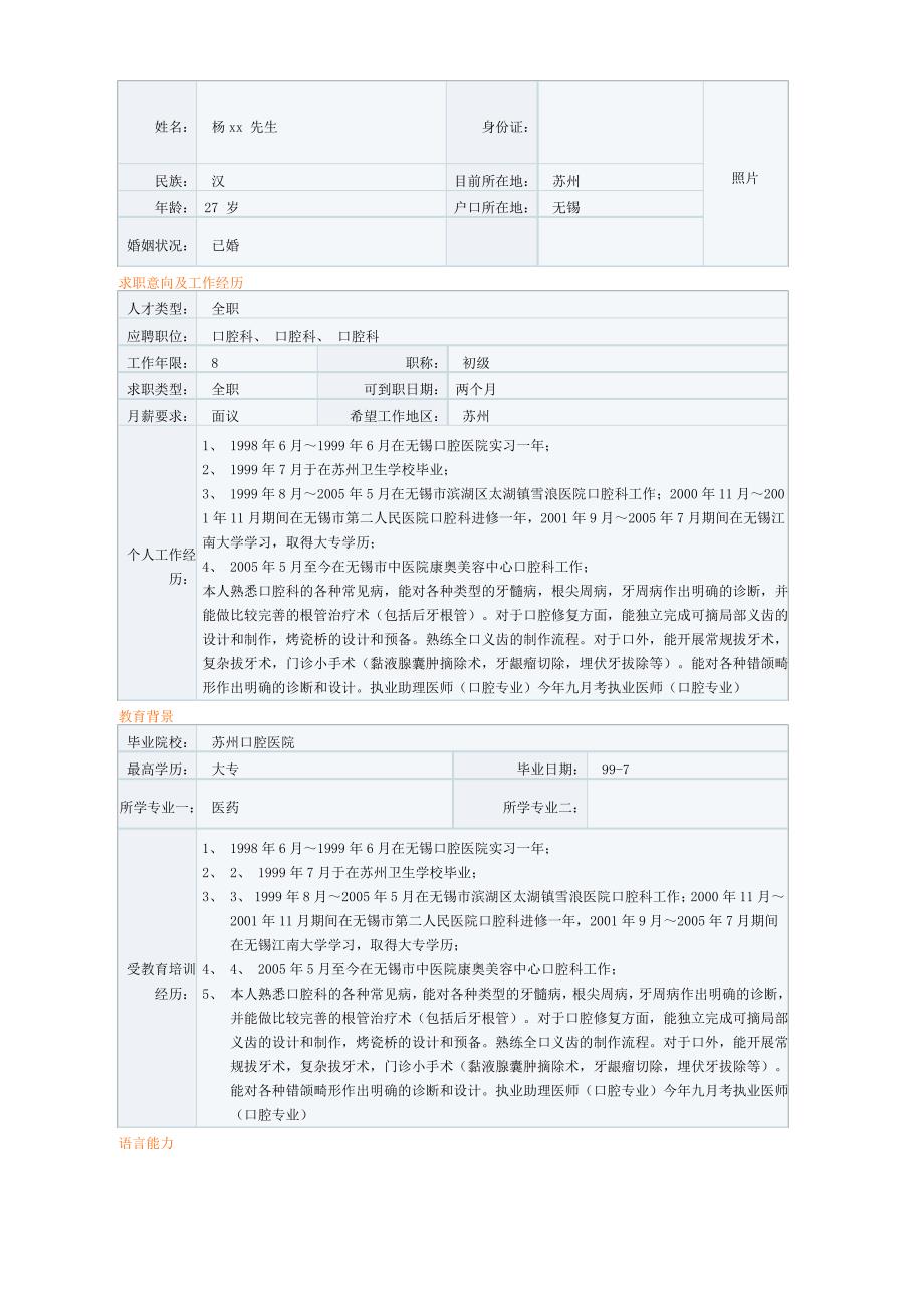 口腔医学科专业个人简历模板_第1页