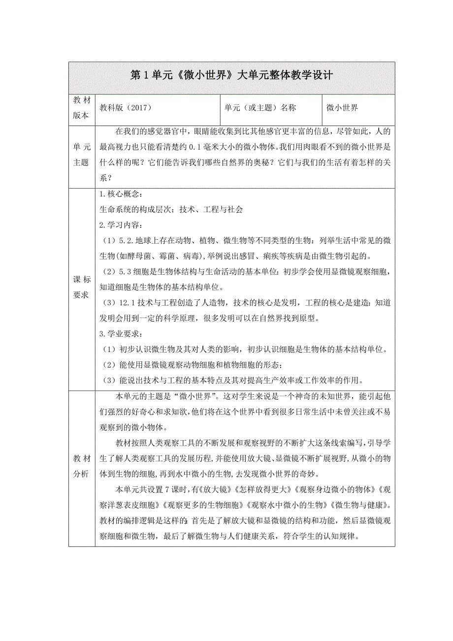 教科版六年级上第一单元《微小世界》第四课时 观察洋葱表皮细胞 大单元教学设计 课时教案_第1页