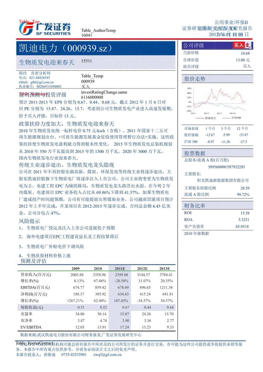 凯迪电力(000939)深度研究：生物质发电迎来天0109_第1页