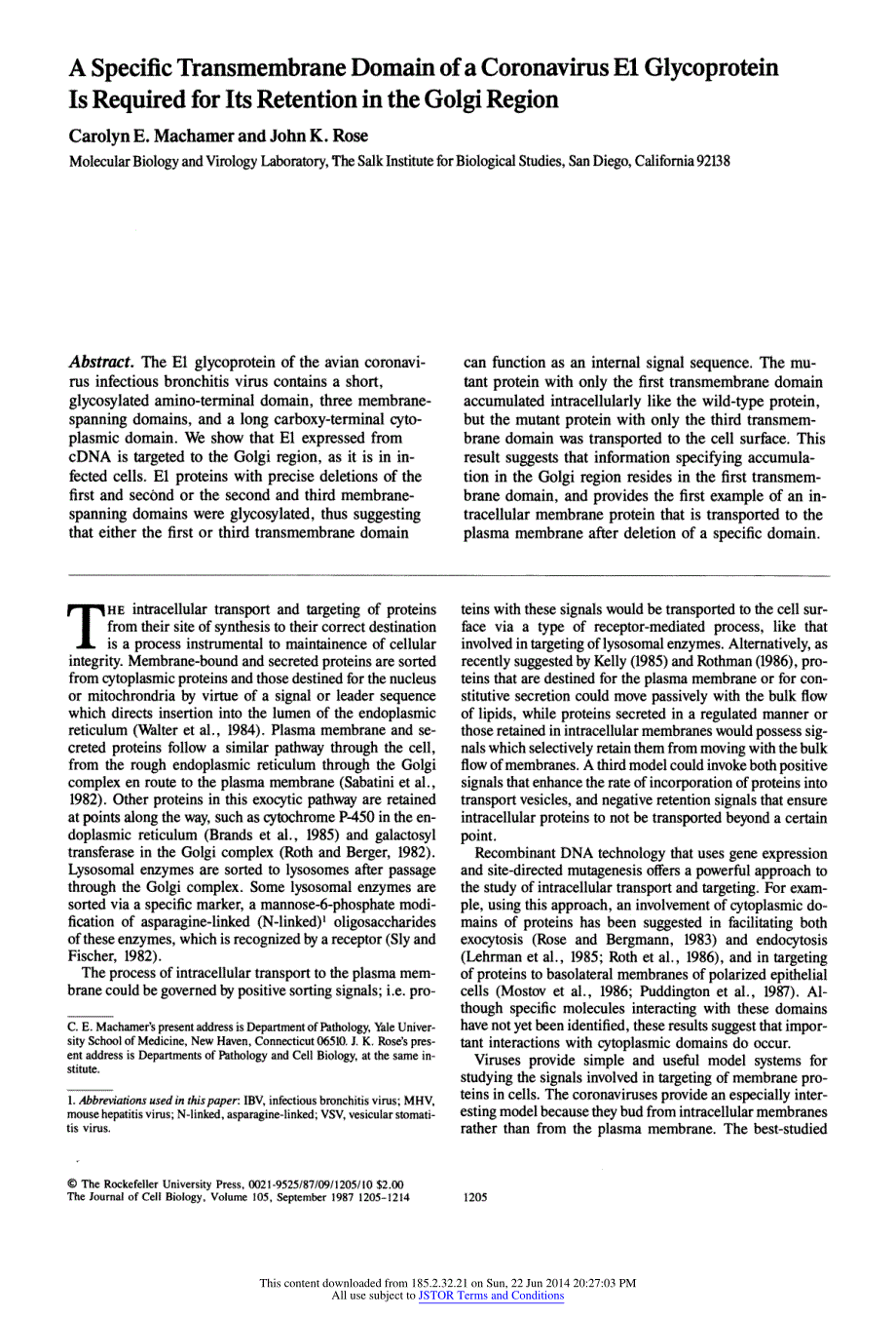 【病毒外文文献】1987 A Specific Transmembrane Domain of a Coronavirus E1 Glycoprotein Is Required for Its Retention in the Golgi Region (1)_第2页