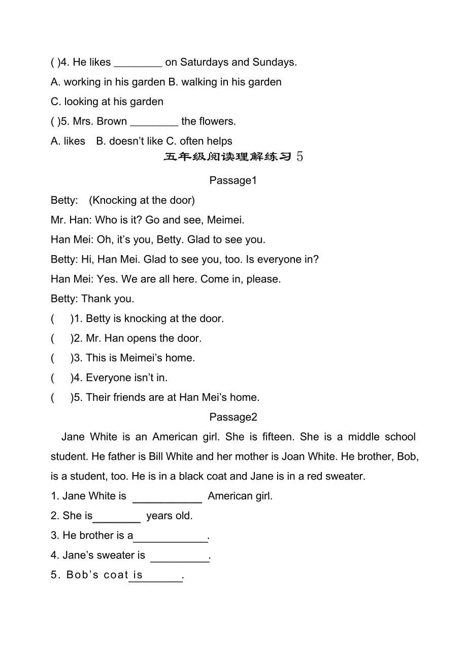 (完整版)小学英语五年级阅读理解练习题----含答案_第5页