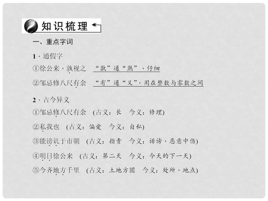 中考语文总复习 第4部分 古诗文阅读 第一讲 文言文阅读 第7篇 邹忌讽齐王纳谏课件_第3页