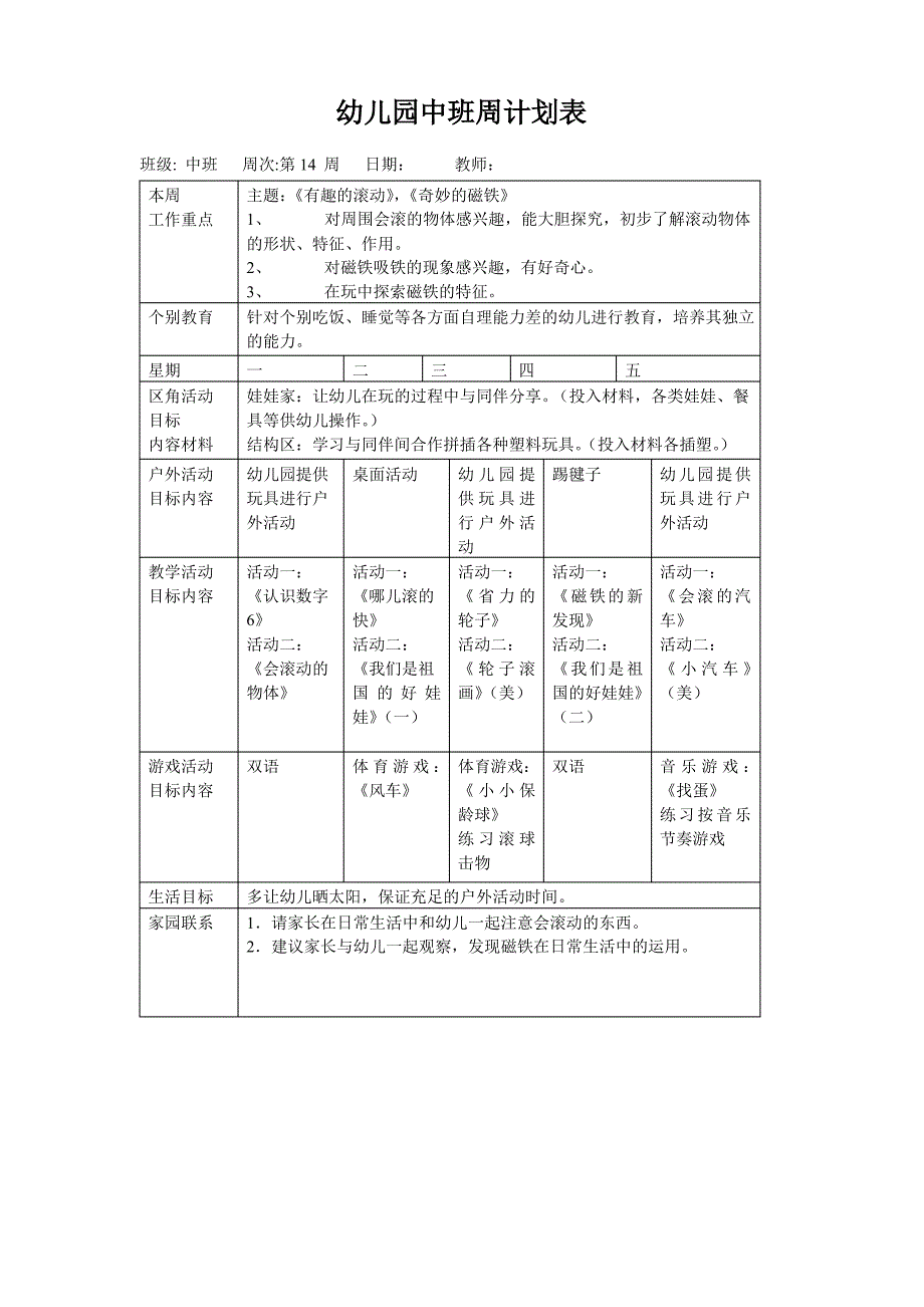 幼儿园中班周计划表(第十五周)_第1页