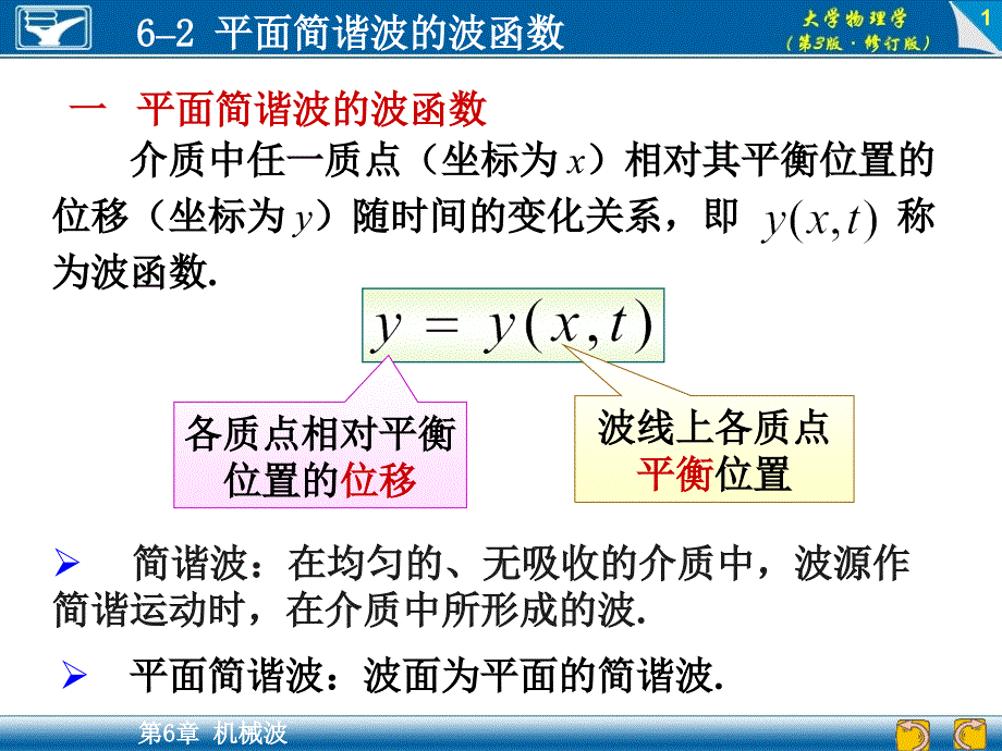 大学物理学（第3版）：大学物理学（第3版）：6-2 平面简谐波的波函数_第1页