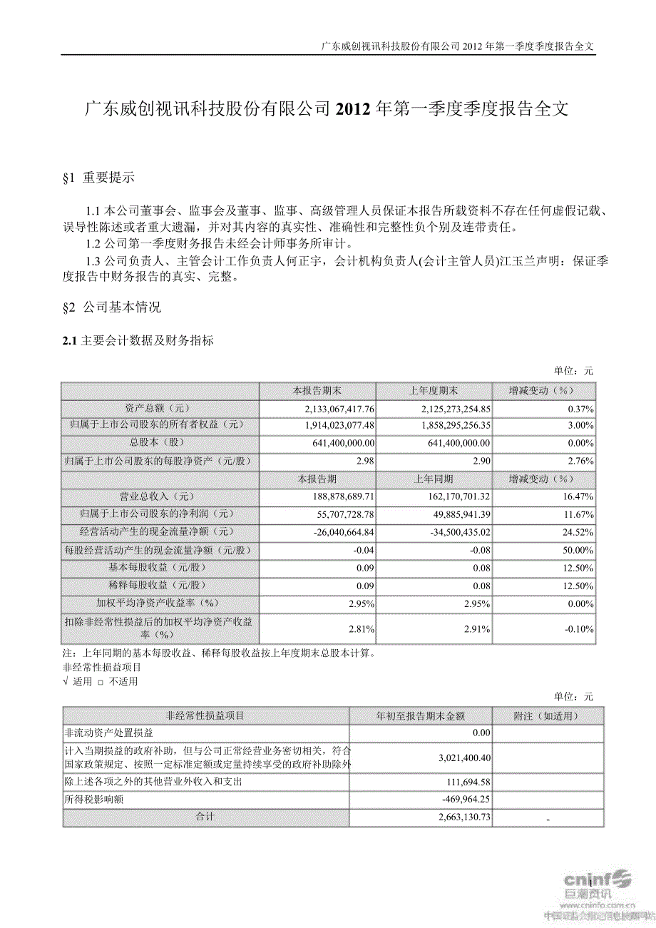 威创股份：第一季度报告全文_第1页