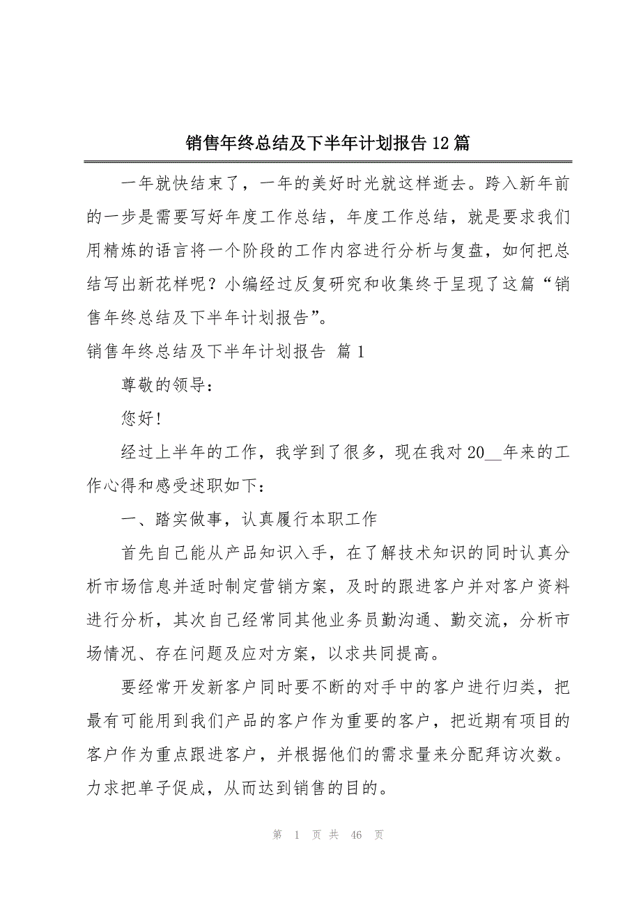 销售年终总结及下半年计划报告12篇_第1页