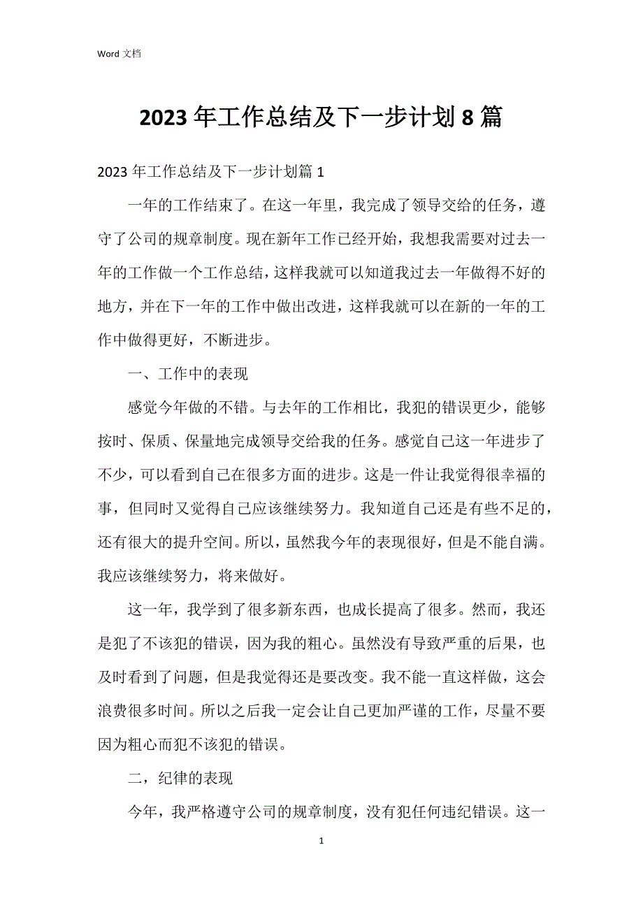 2023年工作总结及下一步8篇_第1页