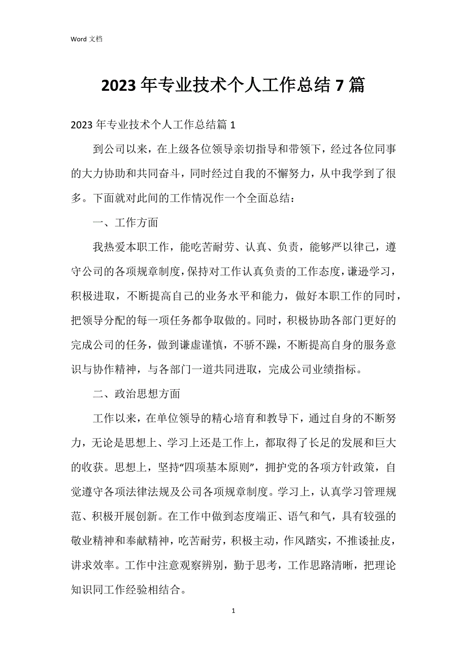 2023年专业技术个人工作总结7篇_第1页