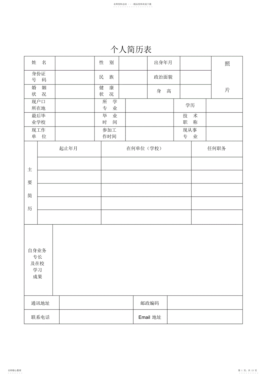 2022年2022年护士简历表格空白表格模板_第1页