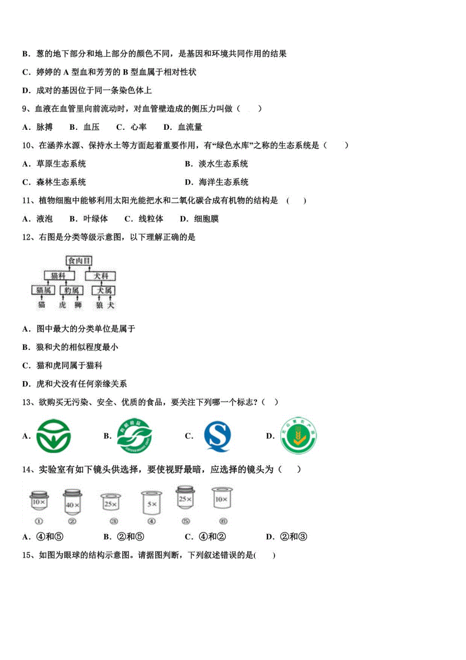 内蒙古赤峰市翁牛特旗乌丹六2023年中考猜题生物试卷含解析及点睛_第2页