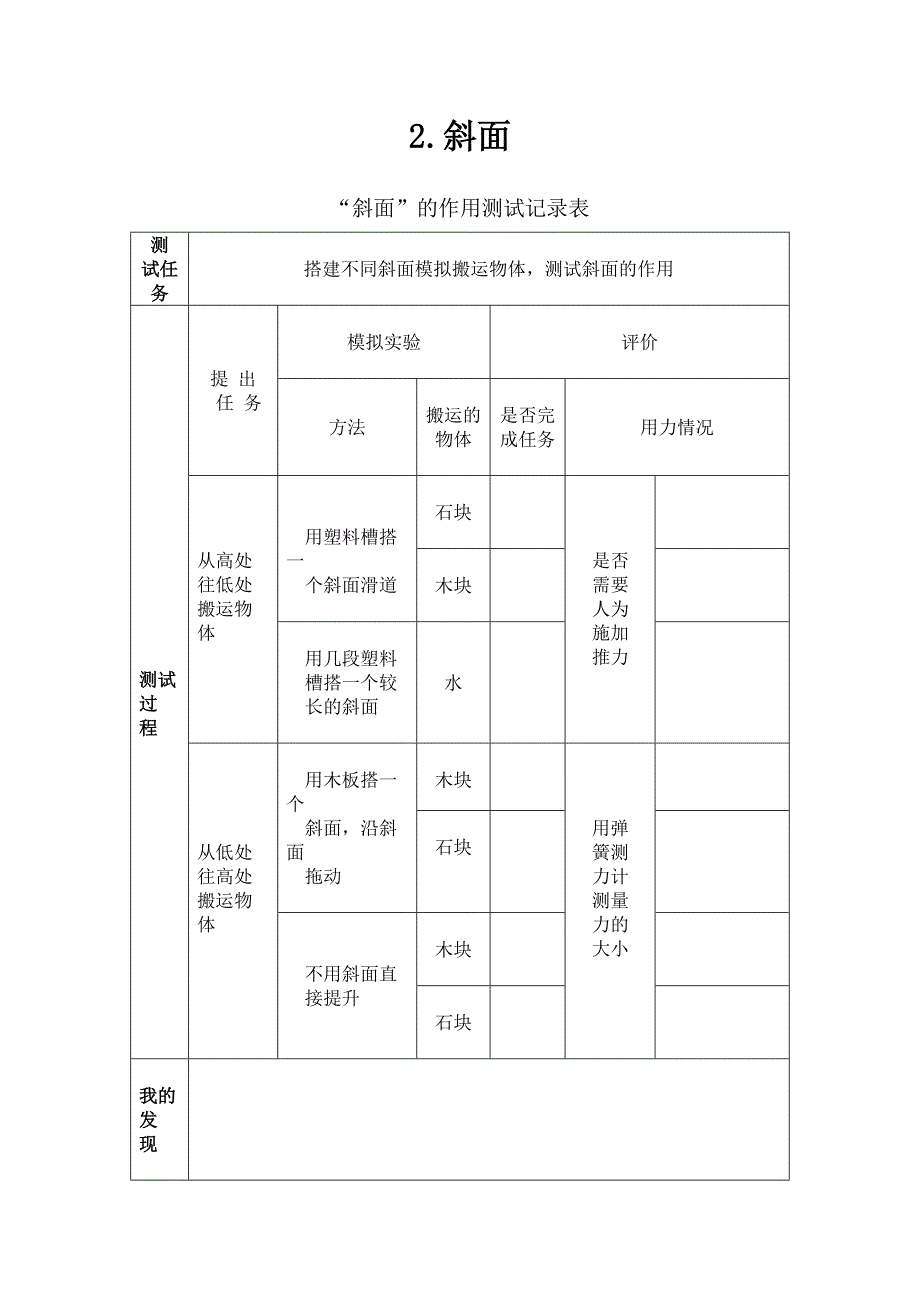 2-斜面 记录单 教科版科学六年级上册_第1页