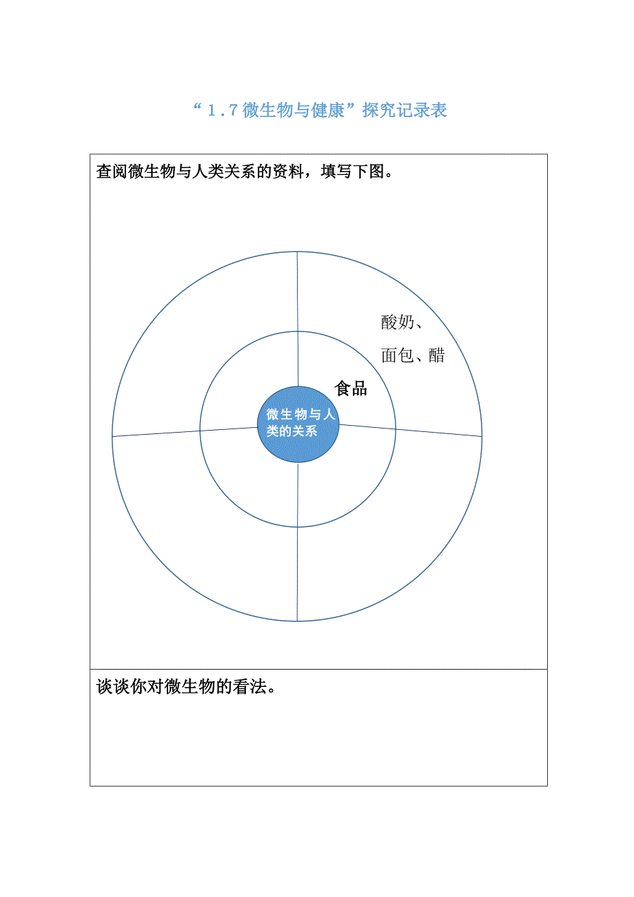 １-７微生物与健康”探究记录表 教科版科学六年级上册_第1页