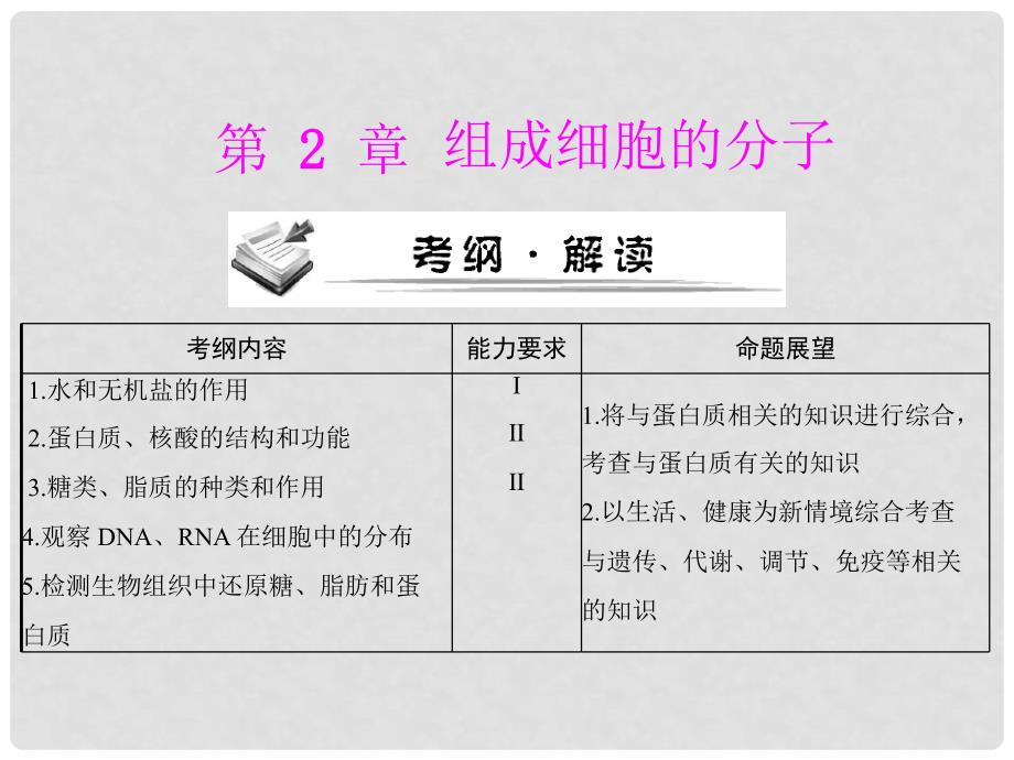 高考生物一轮复习 第2章 第1节 细胞中的元素和化合物课件 必修1_第1页