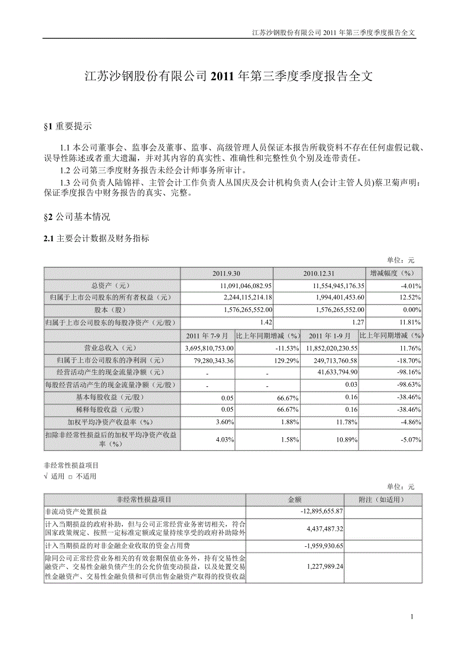 沙钢股份第三季度报告全文_第1页