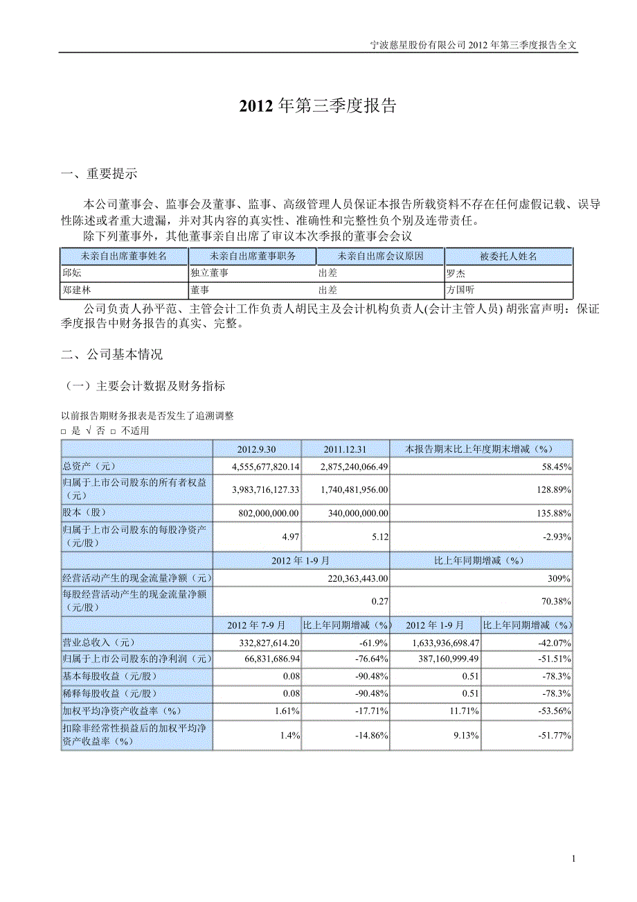 慈星股份：第三季度报告全文_第1页