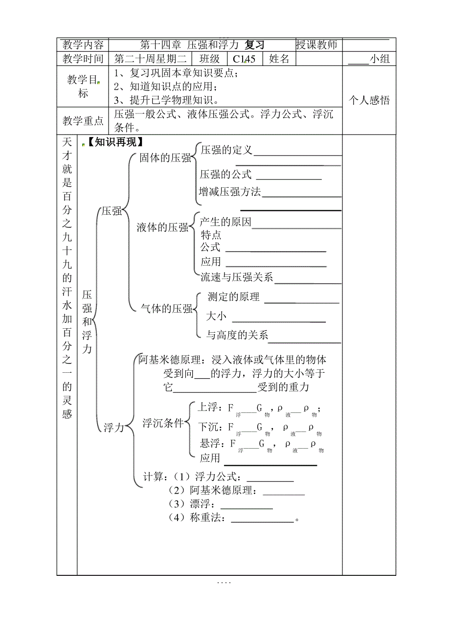 人教版9年级物理：第十四章压强和浮力复习网络体系-学案_第1页