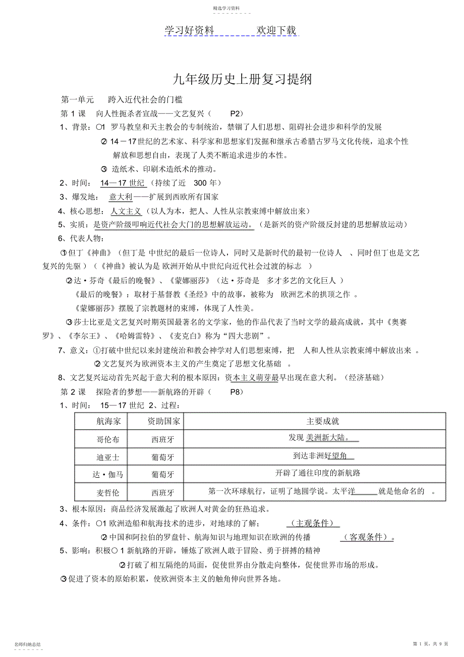 2022年北师大版九年级上册历史知识归纳总结及考点_第1页