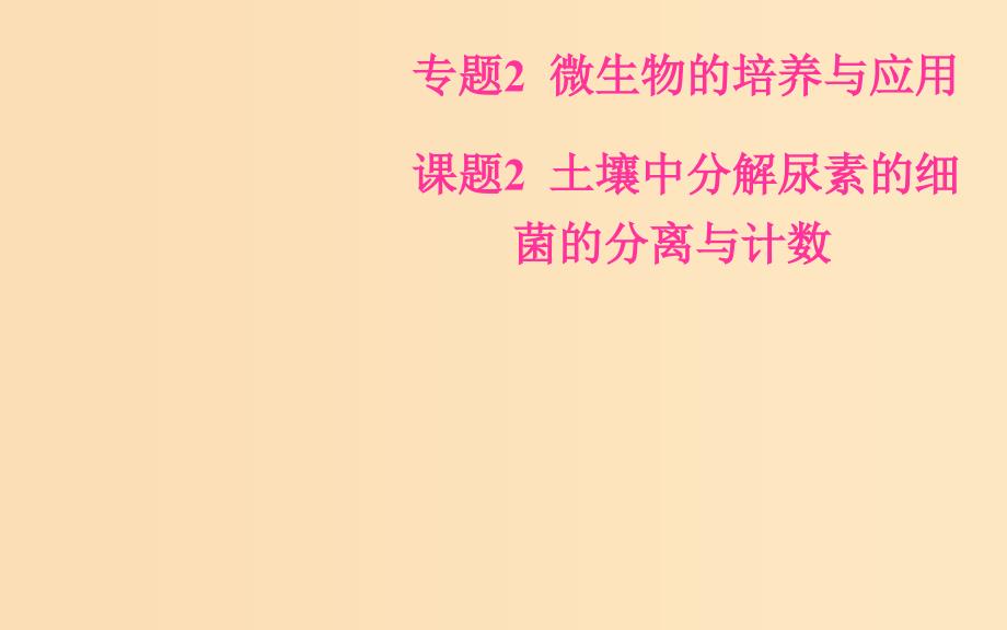 2018-2019学年高中生物 专题2 微生物的培养与应用 课题2 土壤中分解尿素的细菌的分离与计数课件 新人教版选修1 .ppt_第1页