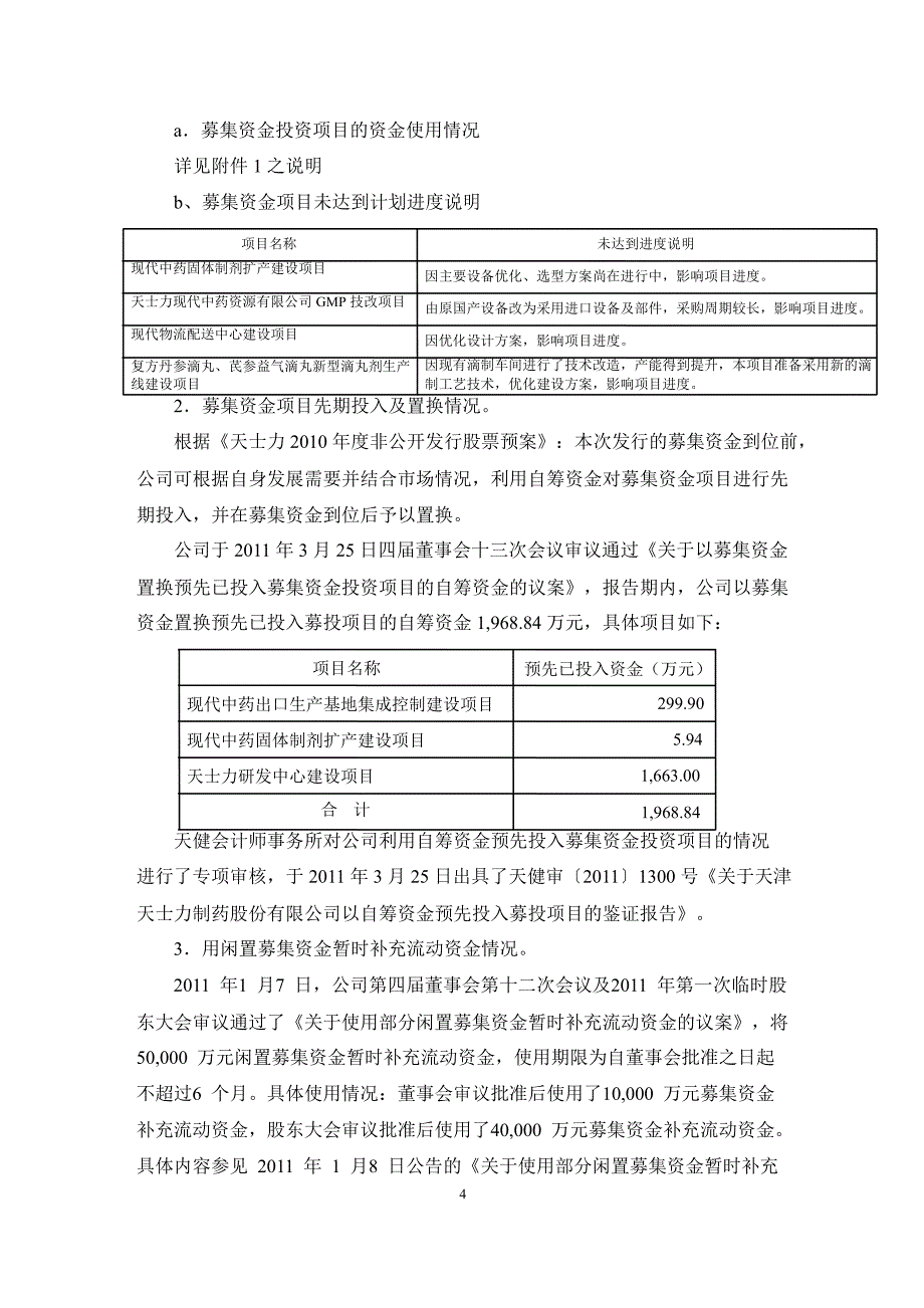 600535 天士力关于公司募集资金存放与实际使用情况的专项报告_第4页