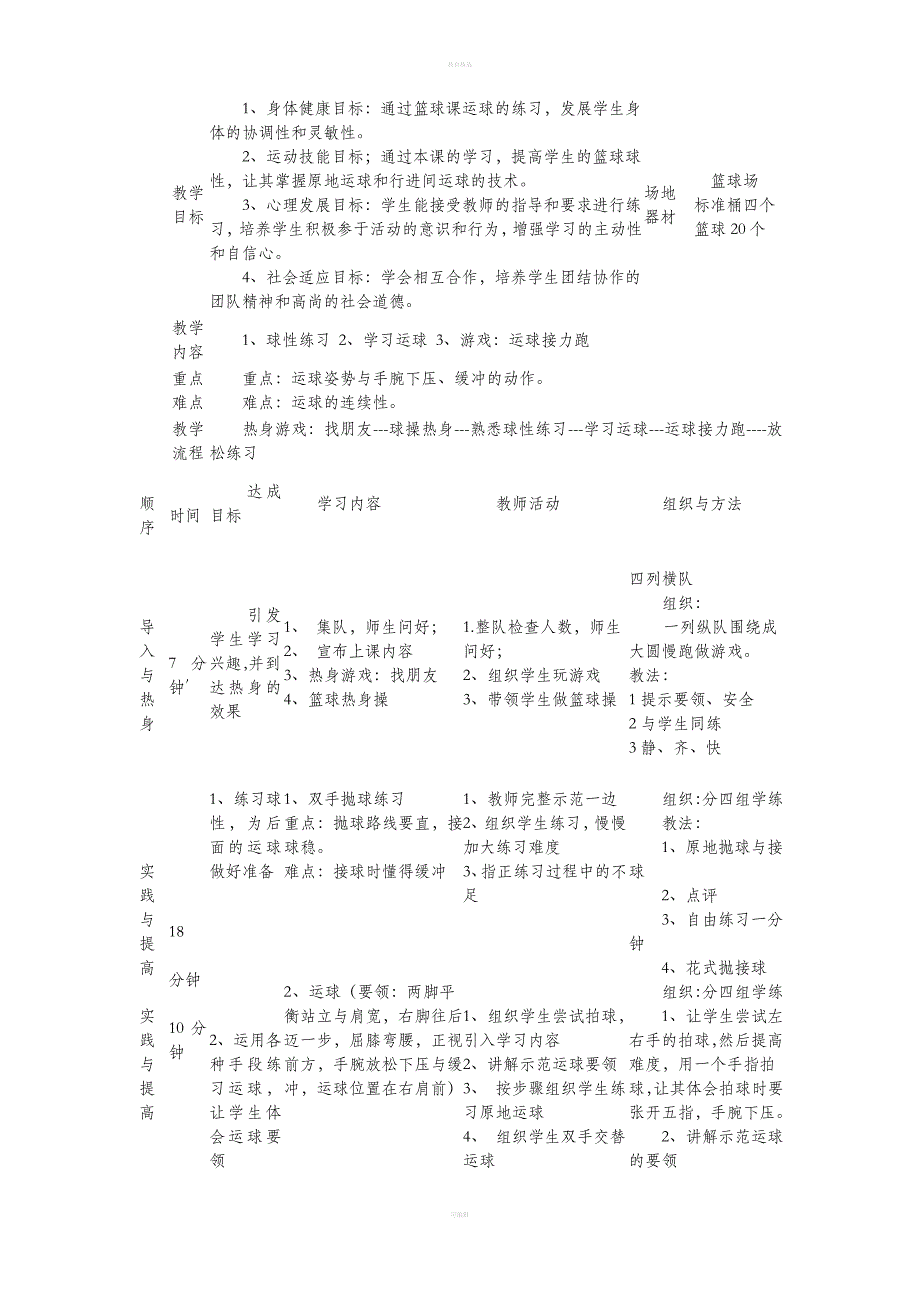 四年级小学体育篮球教学设计_第4页