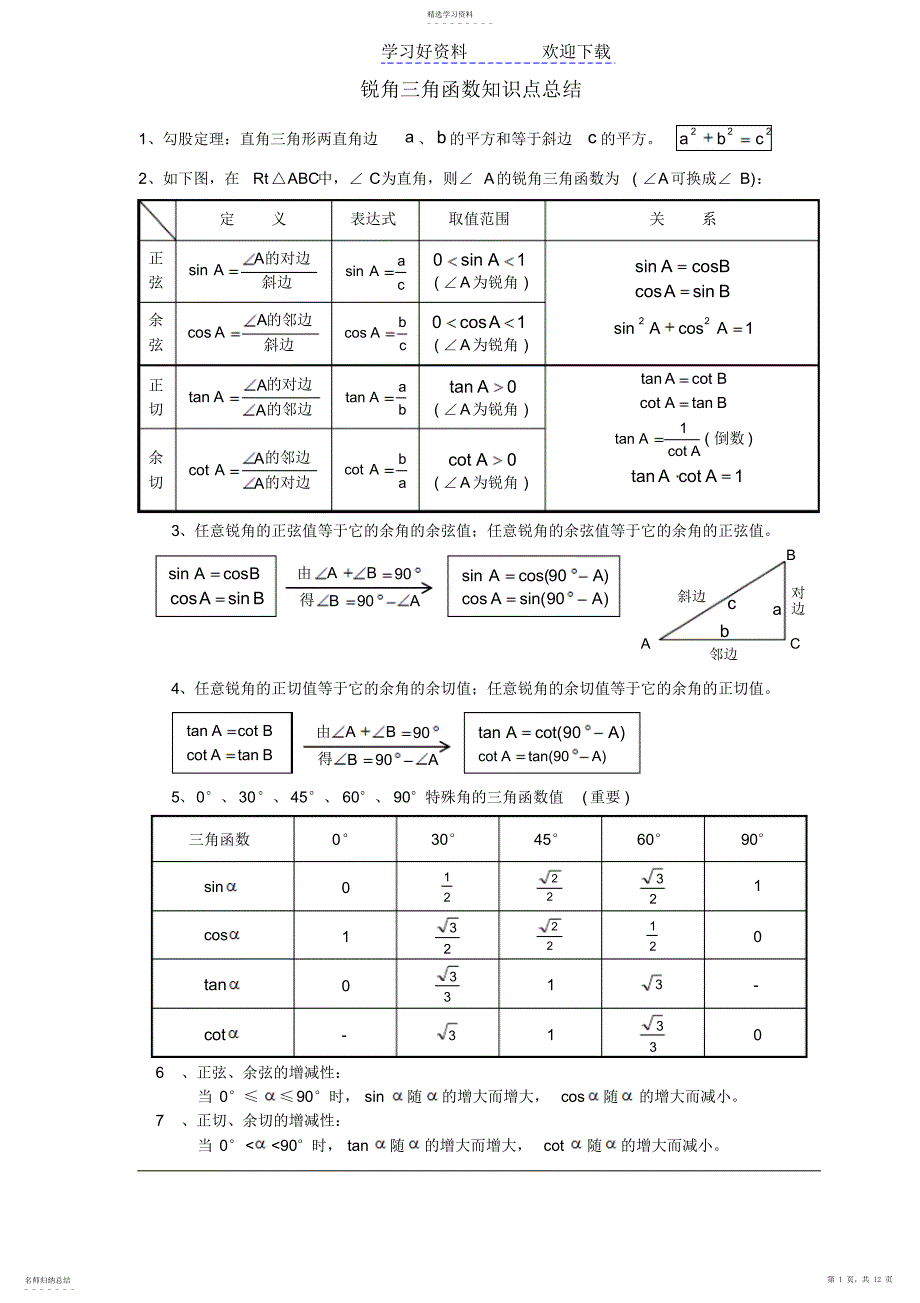 2022年初中三角函数知识点总结及中考真题_第1页