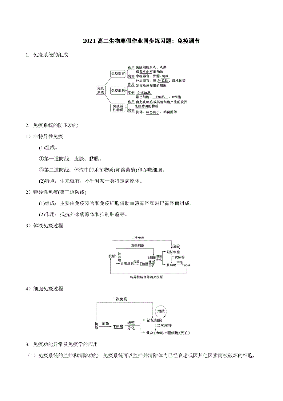 2021高二生物寒假作业同步练习题：免疫调节_第1页