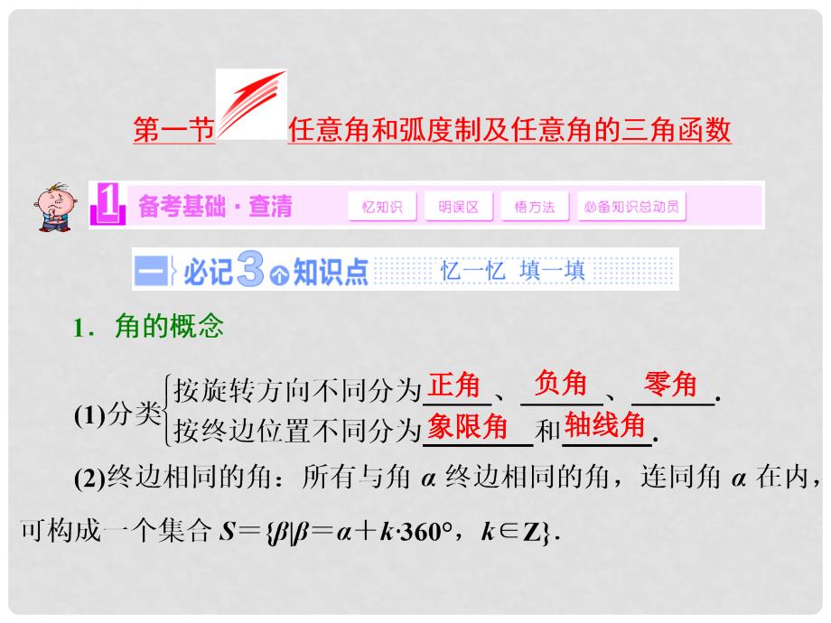 高考数学一轮复习 第一节 任意角和弧度制及任意角的三角函数课件 理 新人教A版_第1页